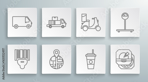 Set line Scanner scanning bar code, Delivery truck with cardboard boxes, Coffee cup, Pizza, Scooter delivery, Scale and cargo vehicle icon. Vector