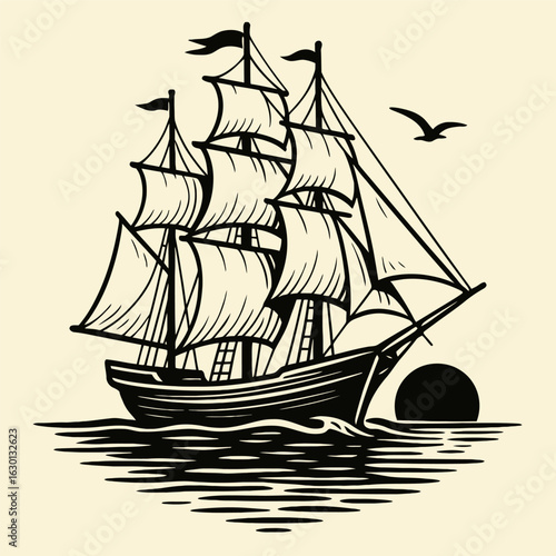Vintage sailing ship at sunset. Retro maritime vector logo illustration.