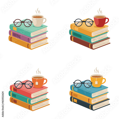 Stacks of Books and Tea or Coffee Classic and Modern . flat vector 