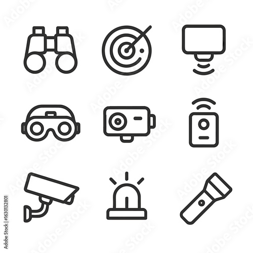 Surveillance Icon Set. Outline icon set of enemy detection and surveillance: binoculars, radar, motion sensor, night vision
