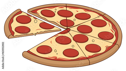 Cartoon Pepperoni Pizza with a Slice Removed on Transparent Background.