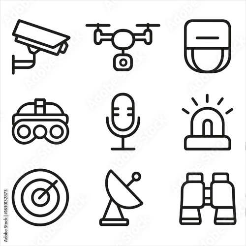 Surveillance Equipment Icons. Outline icon set of surveillance equipment: CCTV camera, drone, motion sensor, night vision goggles,