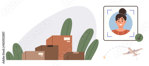 Cardboard boxes near greenery, user profile verification with checkmark, and plane en route highlight logistics. Ideal for shipping, delivery, identification, logistics, e-commerce, customer service