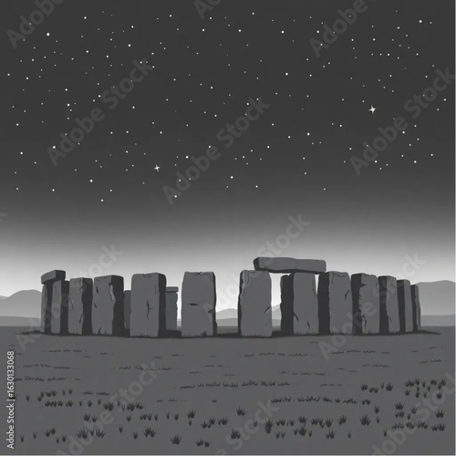 Stonehenge under a starry night in England on a foggy March morning