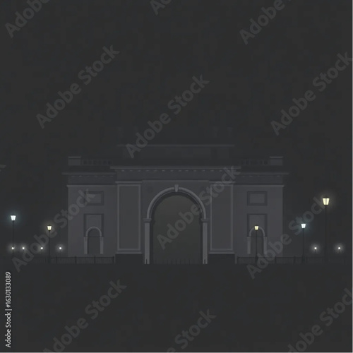 Gateway of India half-hidden in fog in Mumbai at midnight with glowing lanterns