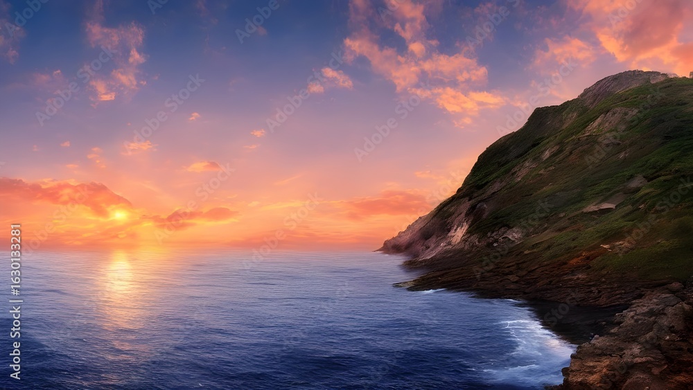 Fototapeta premium An orange sun dips below the horizon, casting a vibrant glow over the sea, with waves gently crashing on the coast