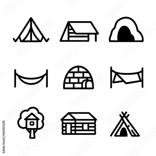 Survival Shelter Icons. Outline icon set of survival shelter types: tent, lean-to, cave, hammock, igloo, tarp, treehouse, cabin,