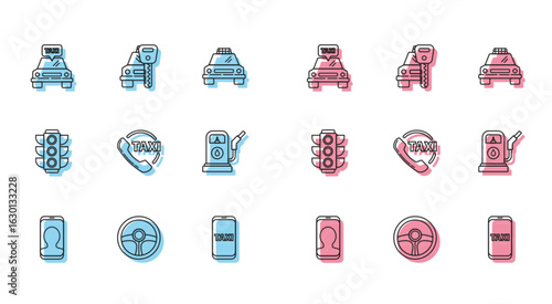 Set line Taxi call telephone service, Steering wheel, car, Petrol or Gas station, Traffic light and Car rental icon. Vector