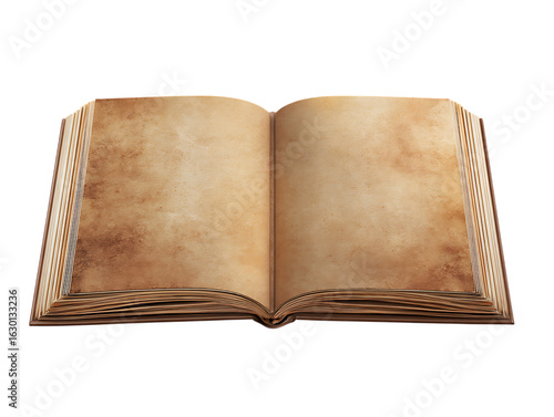 Antique open book with aged pages isolated on transparent background