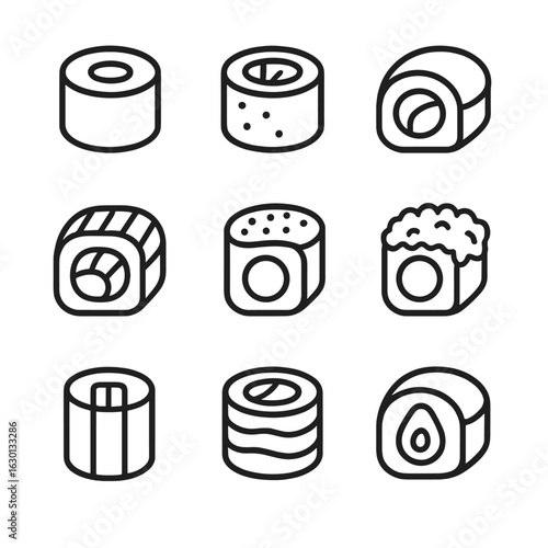 Sushi Icon Grid. Outline icon set of sushi rolls: maki roll, California roll, dragon roll, rainbow roll, spicy tuna roll, tempura