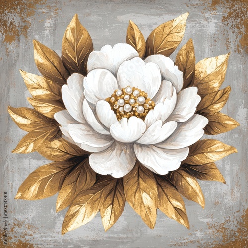 Elegant White Flower with Gold Leaves on Textured Background