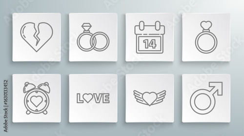 Set line Heart in the center alarm clock, Wedding rings, Love text, with wings, Male gender symbol, Calendar February 14, and Broken heart or divorce icon. Vector
