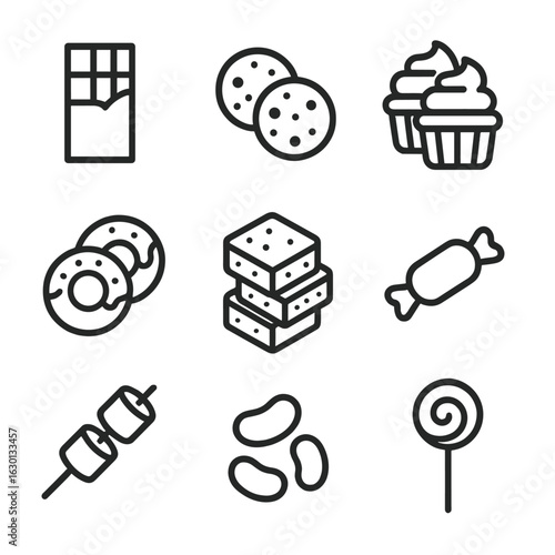 Sweet Snack Icons. Outline icon set of sweet snacks: chocolate bar, cookies, cupcakes, doughnuts, brownies, candy, marshmallows,