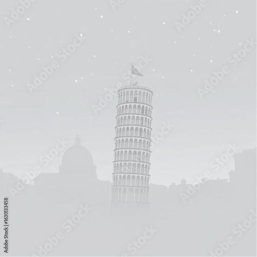 Leaning Tower half-hidden in fog in Pisa under a star-filled sky