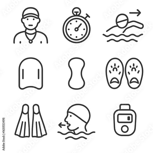 Swim Training Icons. Outline icon set of swim training: swim coach, stopwatch, swimming drills, kickboard, pull buoy, swim paddles
