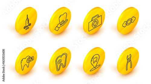 Set line Dental pliers, clinic location, Tooth with caries, Calcium for tooth, Candy, First aid kit, and medical syringe icon. Vector