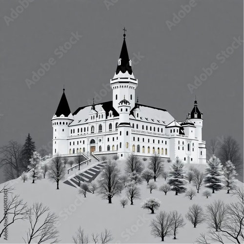 Bran Castle smothered in snow in Romania at midnight with glowing lanterns