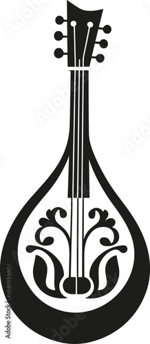 Elegant Black Silhouette of a Traditional Stringed Musical Instrument with Ornate Details, Perfect for Cultural Themes and Folk Music Designs