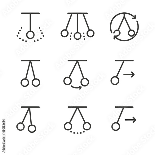 Swing Motion Icons. Outline icon set of swing motions in physics: pendulum swing, harmonic swing, circular swing, oscillation