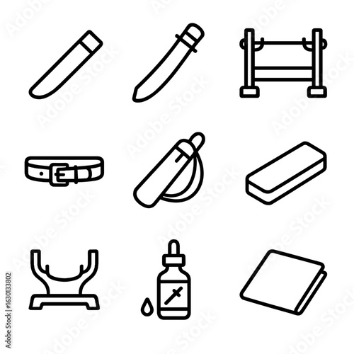 Sword Accessories Icons. Outline icon set of sword storage and accessories: sheath, scabbard, sword rack, belt, sword bag,