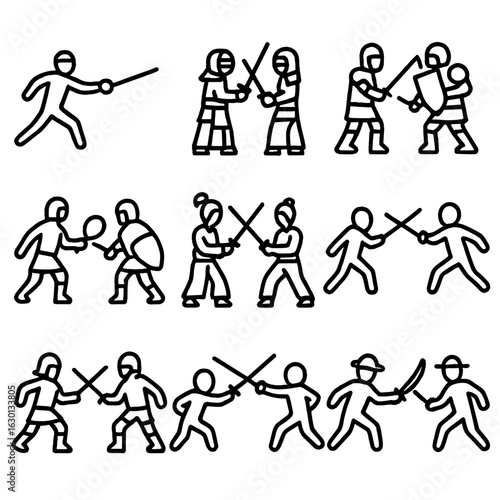 Sword Fighting Icons. Outline icon set of sword fighting styles: fencing, kendo, medieval combat, gladiator fight, samurai