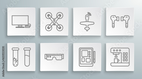 Set line Test tube and flask, Drone flying, Smart glasses, Graphic tablet, Coffee machine, UAV, Air headphones and Tv icon. Vector