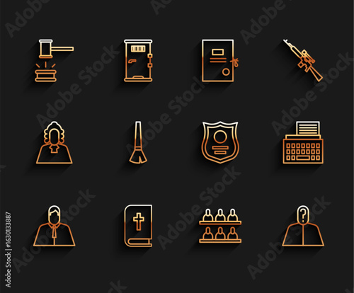 Set line Lawyer, attorney, jurist, Holy bible book, Judge gavel, Jurors, Anonymous with question mark, Paint brush, Retro typewriter and Police badge icon. Vector
