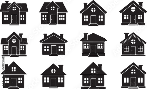 Collection of diverse house and building icons for architectural and real estate visuals featuring various styles and colors for web and print design applications