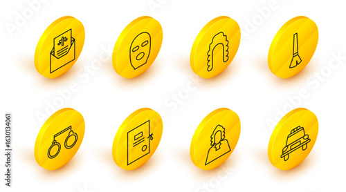 Set line Police car and flasher, Judge, Lawsuit paper, Handcuffs, Paint brush, wig, Thief mask and Subpoena icon. Vector