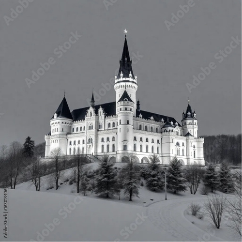Bran Castle under neon lights in Romania at the height of a snowy winter