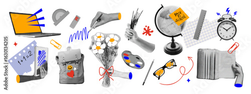 Trendy education collage in halftone style on transparent background. Paper cut outs, doodles, laptop, books, globe, and school supplies. Vector illustration.