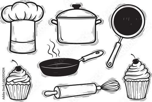 Charming collection of hand drawn kitchen and cooking illustrations featuring utensils ingredients and culinary tools for creative projects