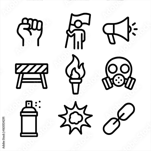 Symbols of Defiance. Outline icon set of defiance: fist punch, protester with flag, megaphone, police barricade, torch fire, gas