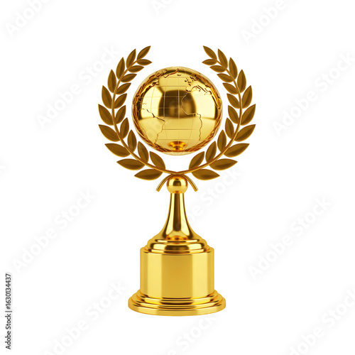 Golden Award Trophy featuring a Golden Earth Globe and a Laurel Wreath set against a white backdrop. 3D rendering.