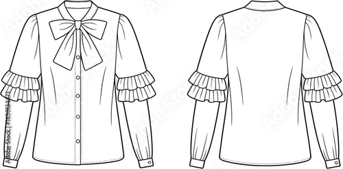 Technical flat sketch of long sleeve blouse with layered ruffle detail, front bow tie design, elegant button-up shirt, front and back