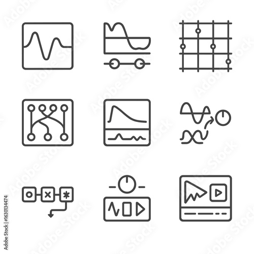 Synth Design Icons. Outline icon set of synth sound design: waveform editing, filter sweep, modulation matrix, patch programming,