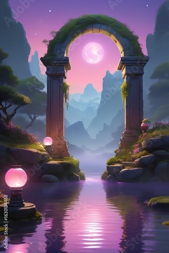 Ethereal otherworldly portal arch standing in a tranquil lake under a mystical purple twilight sky with planets