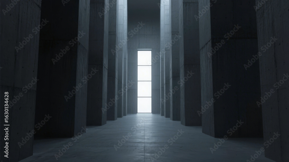 Obraz premium A long corridor with tall columns leading to a brightly lit doorway at the end.