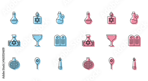 Set line Pomegranate, Balloon with star of david, Jewish wine bottle, Burning candle, goblet, Tombstone, money bag and icon. Vector
