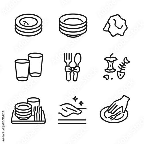 Table Clearing Icons. Outline icon set of clear the table: used plates, stacked dishes, crumpled napkin, empty glasses, cutlery