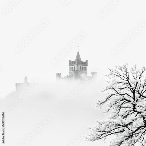 Edinburgh Castle bathed in morning mist in Edinburgh at the peak of cherry blossom season