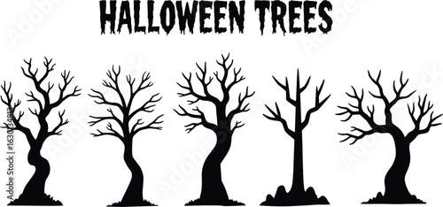 Five black silhouette spooky Halloween trees with dripping text creepy