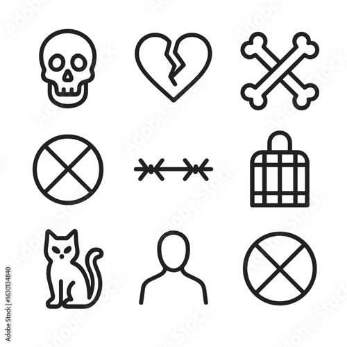 Taboo Symbols Grid. Outline icon set of taboo symbols: skull, broken heart, crossed bones, black cat, no sign, barbed wire, locked