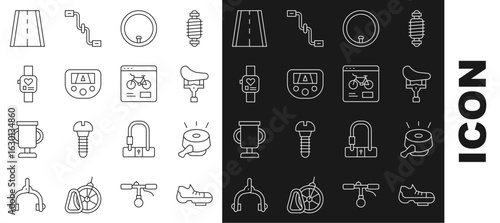 Set line Bicycle shoes, bell, seat, wheel, Gps device with map, Smart watch, lane and rental mobile app icon. Vector