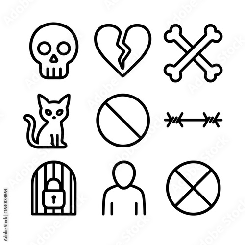 Taboo Symbols Grid. Outline icon set of taboo symbols: skull, broken heart, crossed bones, black cat, no sign, barbed wire, locked