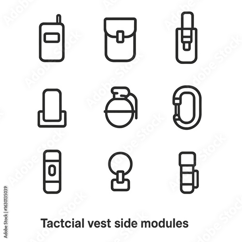 Tactical Vest Modules Icons. Outline icon set of tactical vest side modules: radio pocket, ammo pouch, knife sheath, utility loop,