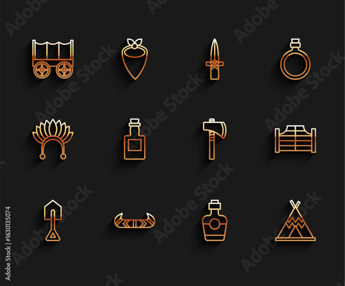 Set line Shovel, Kayak or canoe and paddle, Wild west covered wagon, Tequila bottle, Indian teepee wigwam, Saloon door and Tomahawk axe icon. Vector