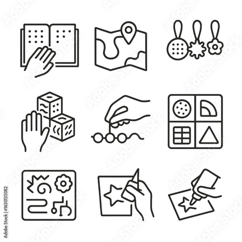 Tactile Learning Icons. Outline icon set of tactile learning: braille book, tactile map, textured blocks, sensory toys, hand