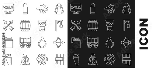 Set line Pan flute, Bow and arrow in quiver, Gallows, Spur, Gun powder barrel, Crossed arrows, Pointer to wild west and Drum icon. Vector