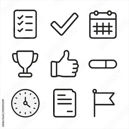 Task Completion Icons. Outline icon set of task completion: checklist, tick mark, calendar, trophy, thumbs up, progress bar, clock